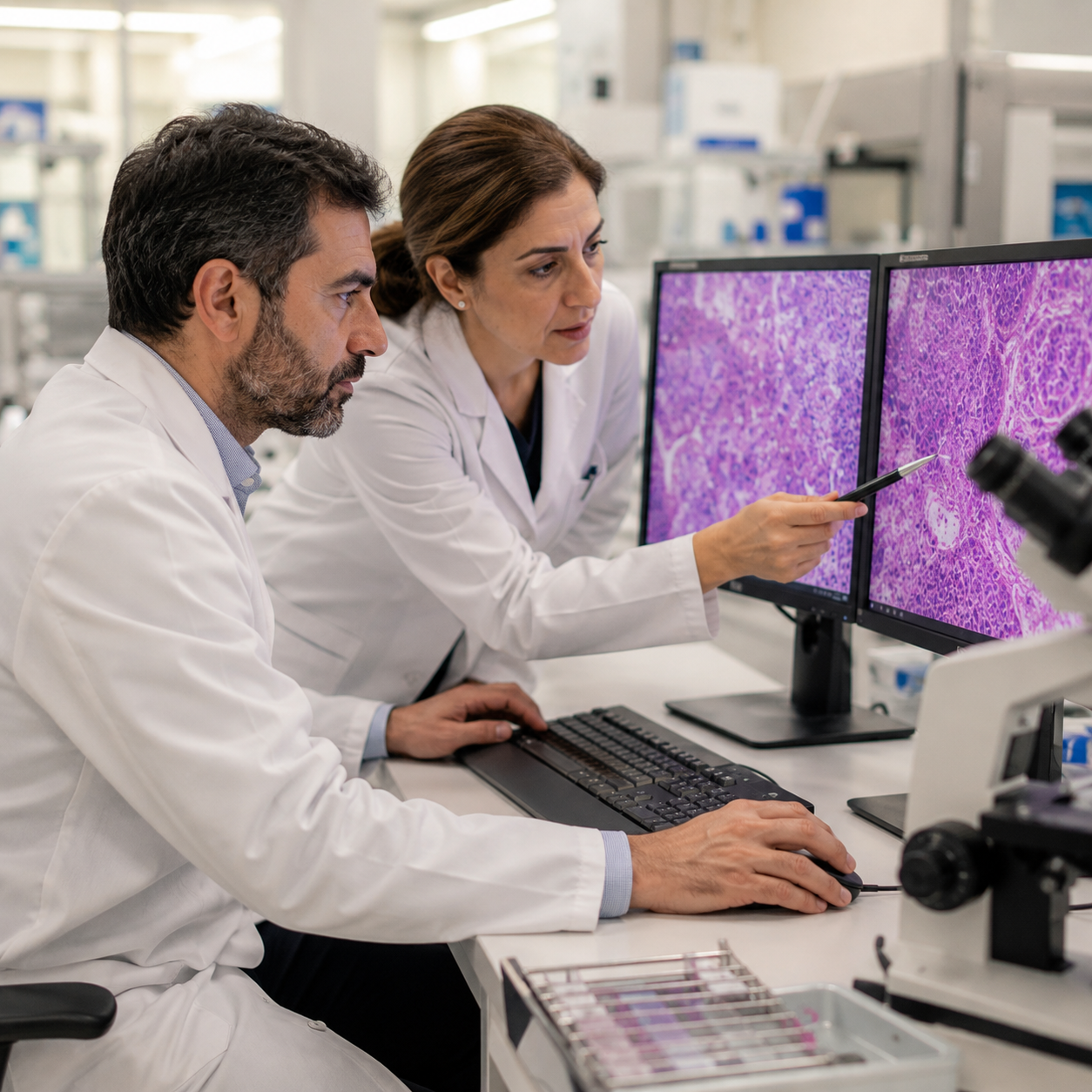 Pathologists reviewing a digitized slide on dual monitors